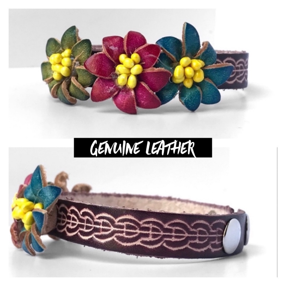 New Handmade Handcrafted Genuine Leather Tri Flower Bracelet